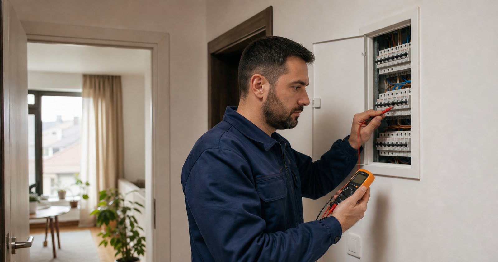 Ilustrație generată cu un electrician care verifică un tablou electric rezidențial